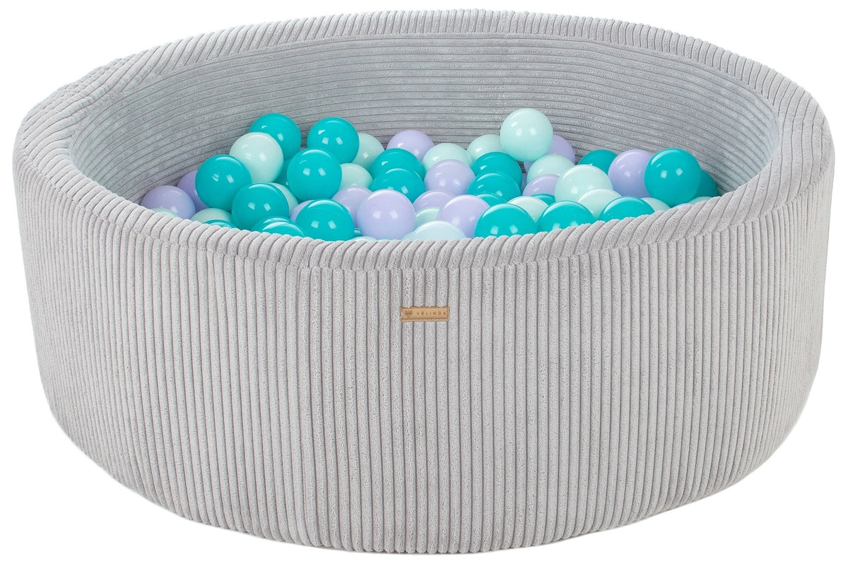 Velinda Soft Play Ball Pit with 200 Balls - Corduroy Fabric - 90cm - Kids Play Toy - Grey/purple, turquoise, mint