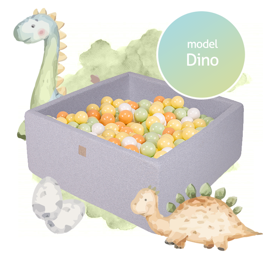 Square Ball Pit With 300 Balls, 90x90x40cm, Light Grey, Cotton, Model Dino