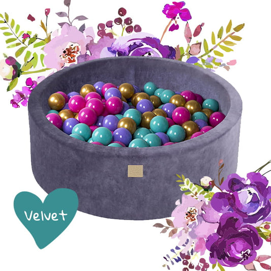 Round Ball Pit With 250 Balls, 90x40cm, Grey Blue, Velvet, Model Flower