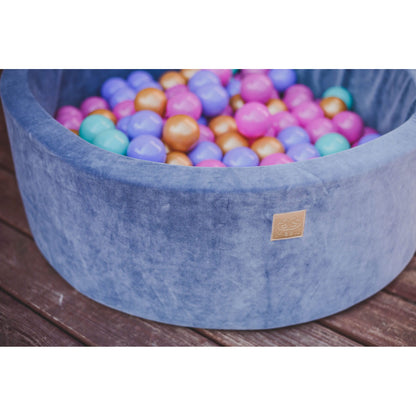 Round Ball Pit With 250 Balls, 90x40cm, Grey Blue, Velvet, Model Flower