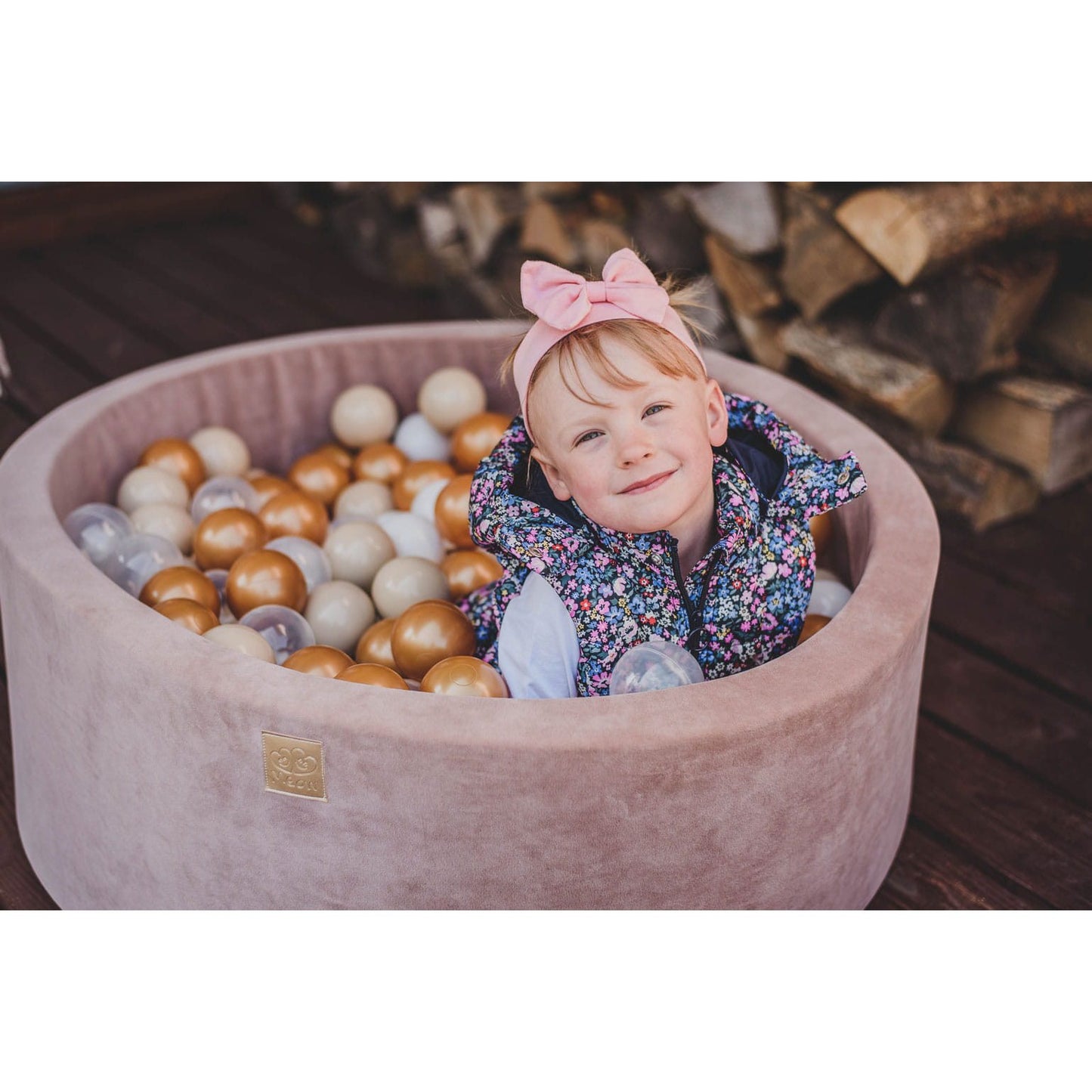 Round Ball Pit With 250 Balls, 90x40cm, Beige, Velvet, Model Teddy Bear