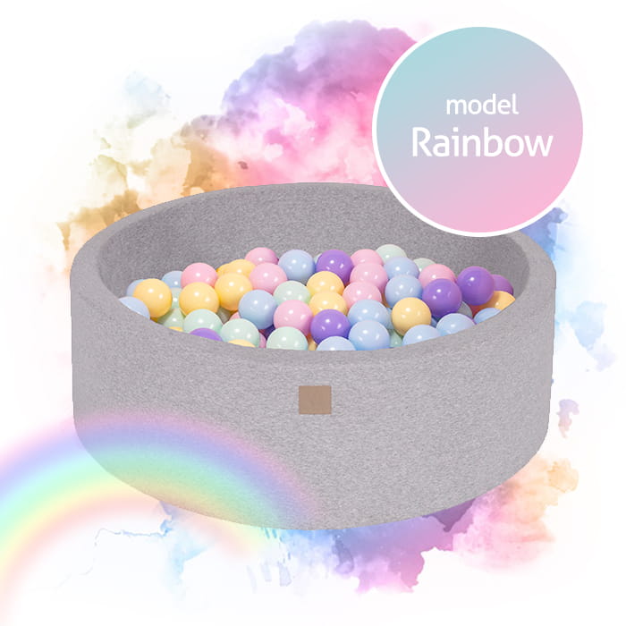 Round Ball Pit With 250 Balls, 90x40cm, Light Grey, Cotton, Model Rainbow