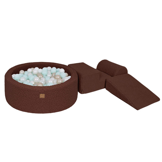 Bearly Foam 3 Elements Playset with Ball Pit 90x30cm with 200 Balls, Brown: Mint Pearl, White Pearl, Light Gold Pearl