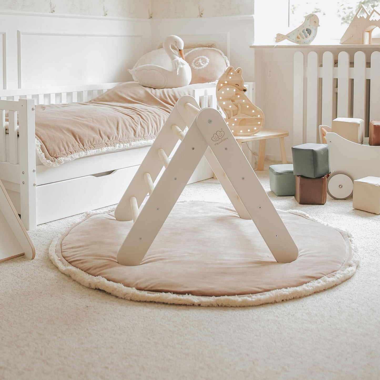 A House For Children With A Ladder 60x61 Cm Folding Into The Room. Wood, Linen, Viscose, Grey And Blue House, White Ladder