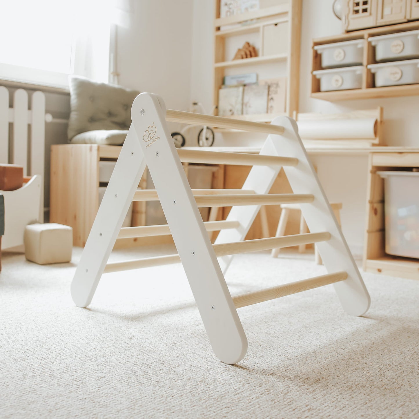 A House For Children With A Ladder 60x61 Cm Folding Into The Room. Wood, Linen, Viscose, Grey And Blue House, White Ladder