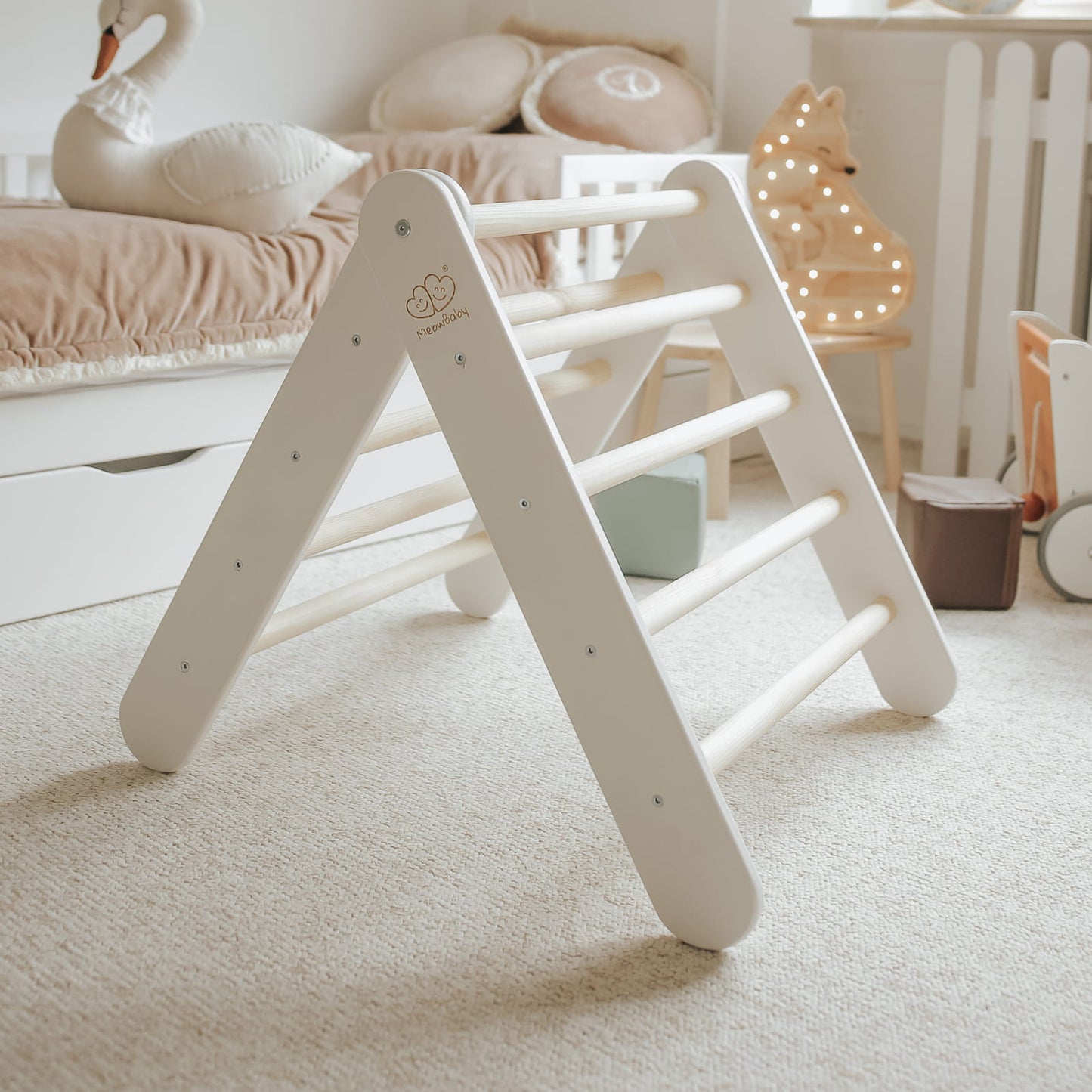 A House For Children With A Ladder 60x61 Cm Folding Into The Room. Wood, Linen, Viscose, Grey And Blue House, White Ladder