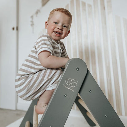 A House For Children With A Ladder 60x61 Cm Folding Into The Room. Wood, Linen, Viscose, Grey And Blue House, Grey Ladder