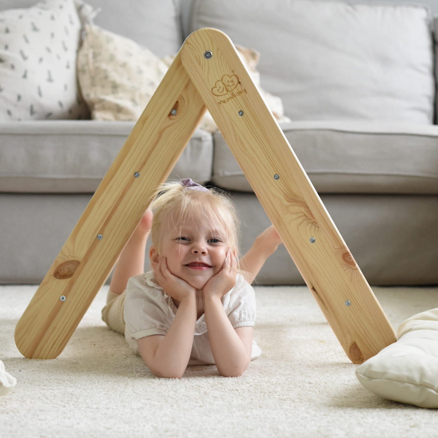 A House For Children With A Ladder 60x61 Cm Folding Into The Room. Wood, Linen, Viscose, Grey And Blue House, Natural Ladder