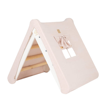 A House For Children With A Ladder 60x61 Cm Folding Into The Room. Wood, Linen, Viscose, A Pink House, White Ladder