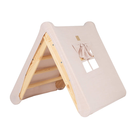 A House For Children With A Ladder 60x61 Cm Folding Into The Room. Wood, Linen, Viscose, A Pink House, Natural Ladder