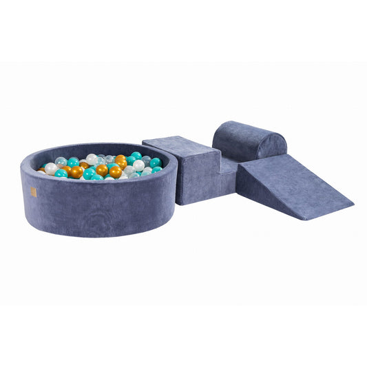 Foam 3 Elements Playset With Ball Pit 90x30cm With 200 Balls Certified, Velvet, Blue Gray: Turquoise/Gold/Transparent/White Pearl