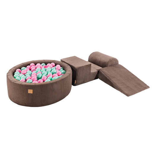 Aesthetic Foam 3 Elements Playset With Ball Pit 90x30cm With 200 Balls Certified, Corduroy, Brown: Pastel Pink/Mint