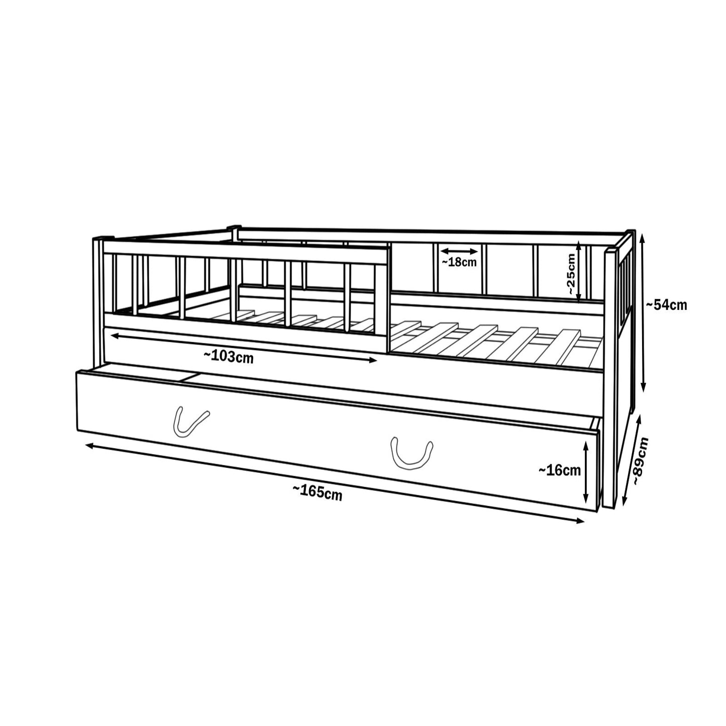 Velinda Universal Kids Bed - High-Quality Pine - Safety Barriers - 160x80cm - Storage Drawer