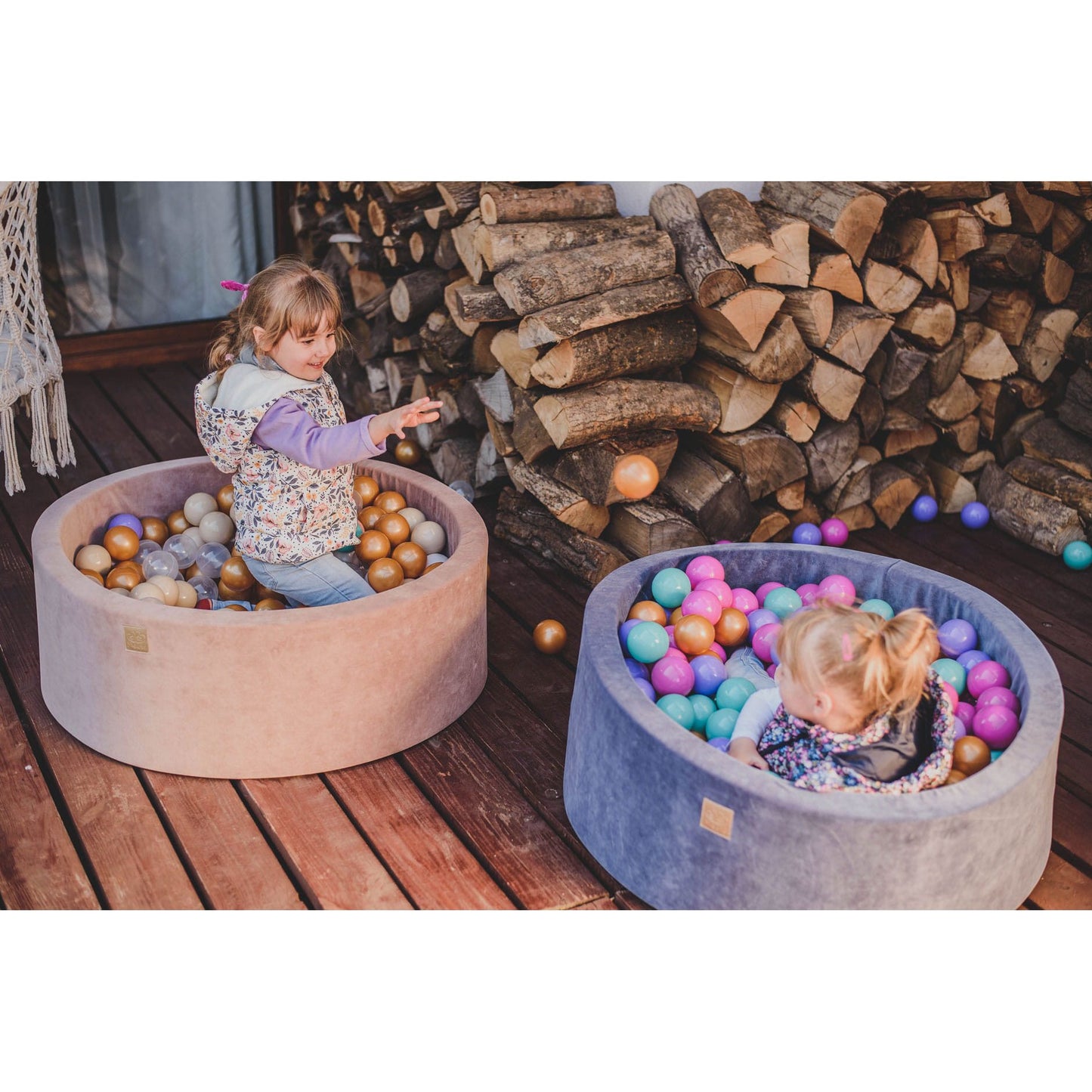 Round Ball Pit With 250 Balls, 90x30cm, Beige, Velvet, Model Teddy Bear