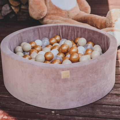 Round Ball Pit With 250 Balls, 90x30cm, Beige, Velvet, Model Teddy Bear