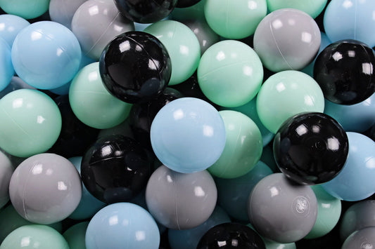 Soft Plastic Balls 7cm For The Ball Pit Certified Set 100pcs: Mint/Black/Baby Blue/Gray