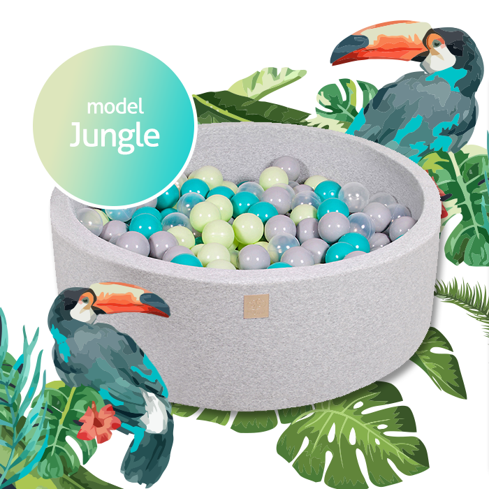 Round Ball Pit With 250 Balls, 90x30cm, Light Grey, Cotton, Model Jungle