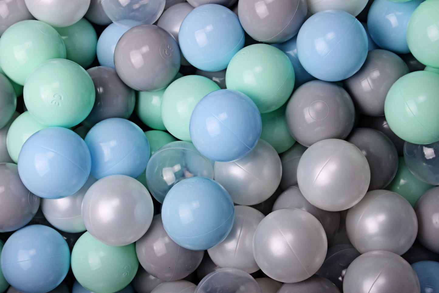 Soft Plastic Balls 7cm For The Ball Pit Certified Set 400pcs: Mint/Baby Blue/Gray/White Pearl/Transparent