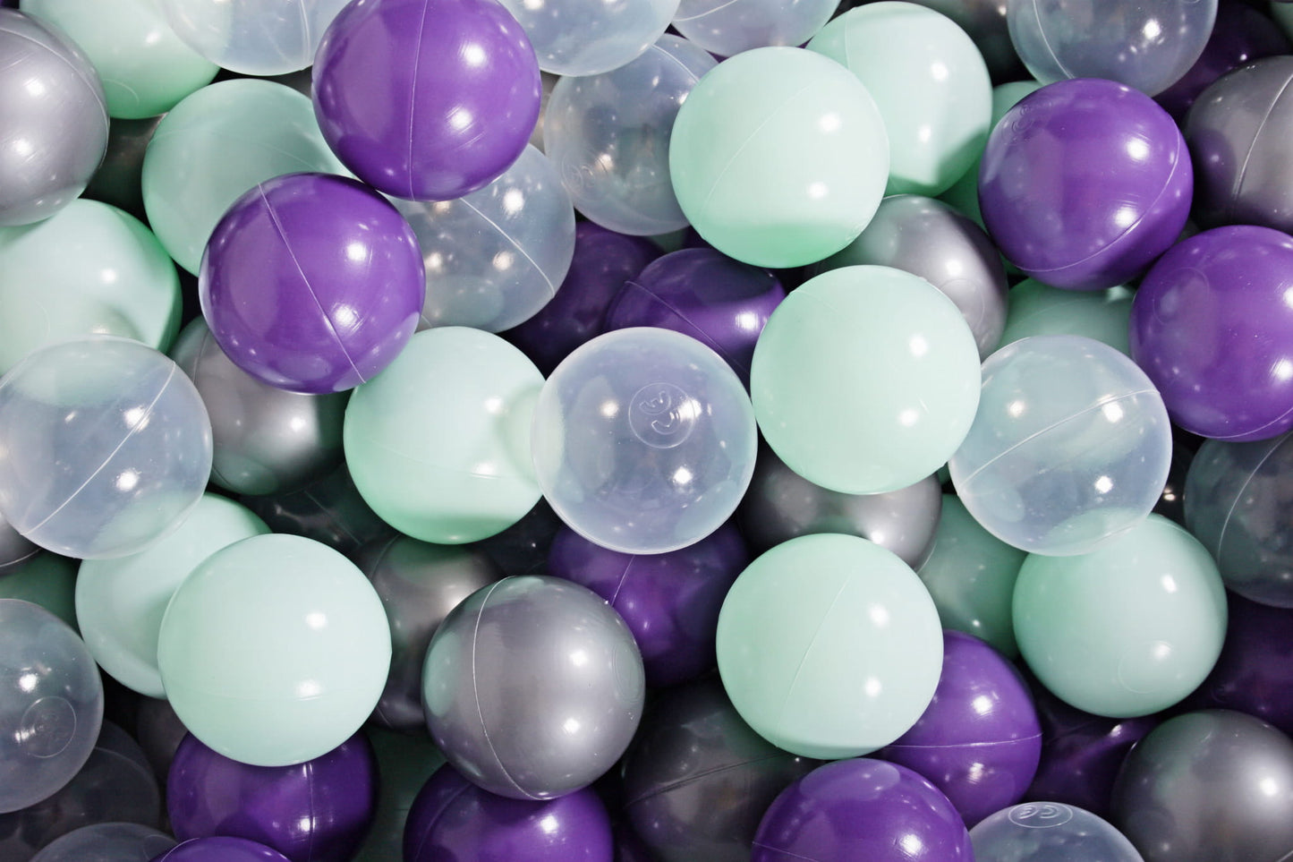 Soft Plastic Balls 7cm For The Ball Pit Certified Set 100pcs: Violet/Mint/Transparent Silver