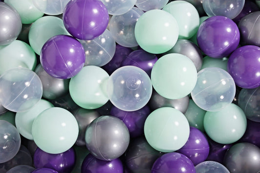 Soft Plastic Balls 7cm For The Ball Pit Certified Set 100pcs: Violet/Mint/Transparent Silver