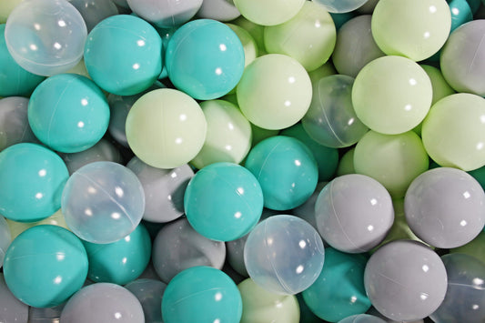 Soft Plastic Balls 7cm For The Ball Pit Certified Set 100pcs: Gray/Light Green/Transparent/Turquoise