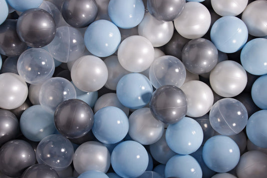 Soft Plastic Balls 7cm For The Ball Pit Certified Set 300pcs: Baby Blue/White Pearl/Silver/Transparent