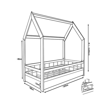 Velinda Kids Bed - Scandinavian Raw Wood - Eco-Friendly - 120cm Height-with barriers