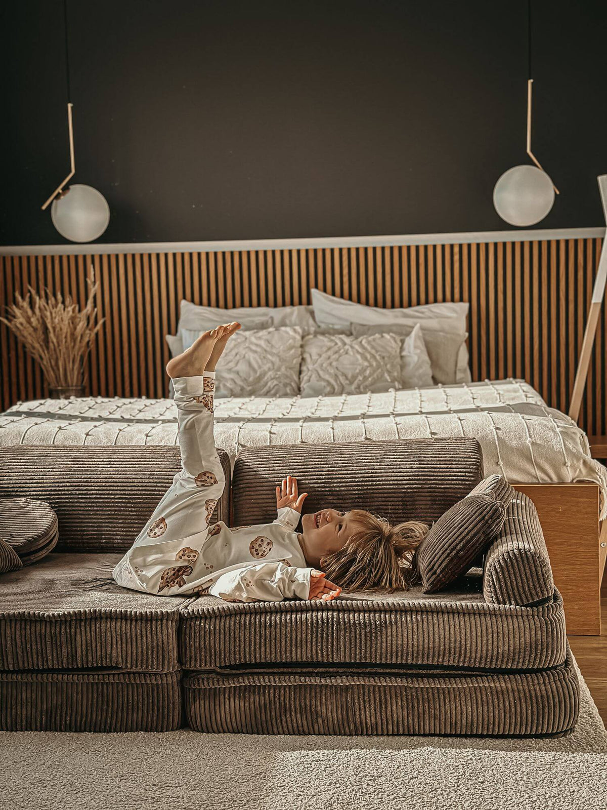 Corduroy Kids' Sofa Brown in a family living room